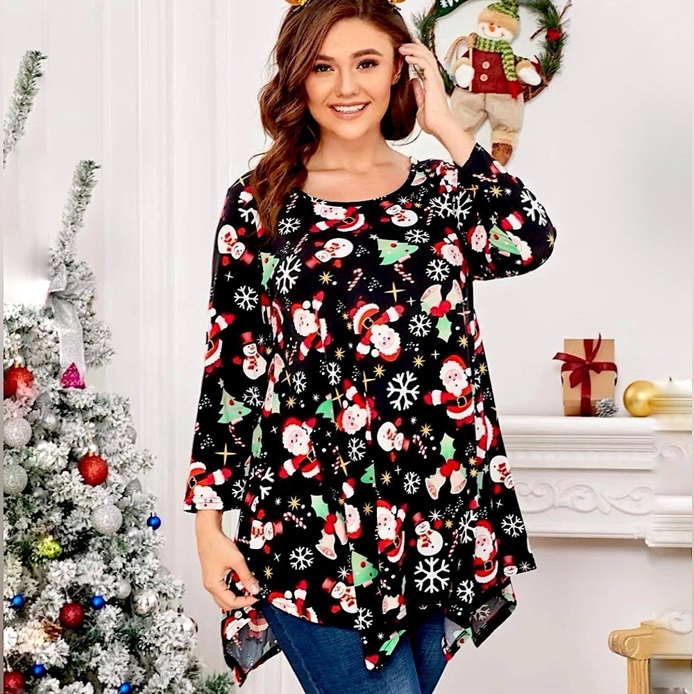 Larace Christmas Tunic Top Handkerchief Hem  3/4 Sleeve Round Neck Holiday Med